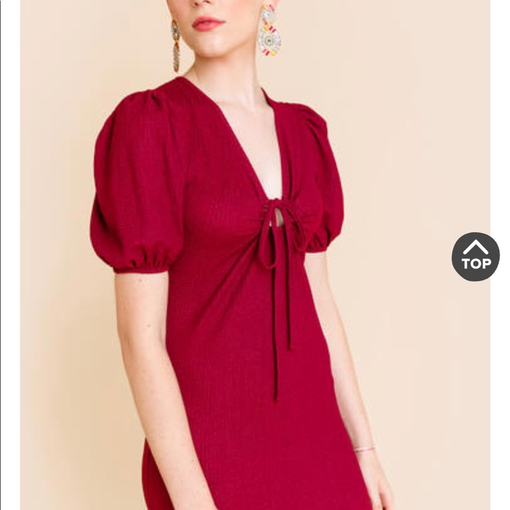 Burgundy wine red romantic long dress tie front work party holiday dress